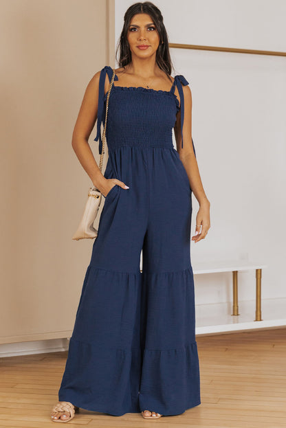 Apricot Tie Straps Shirred Casual Tiered Wide Leg Jumpsuit