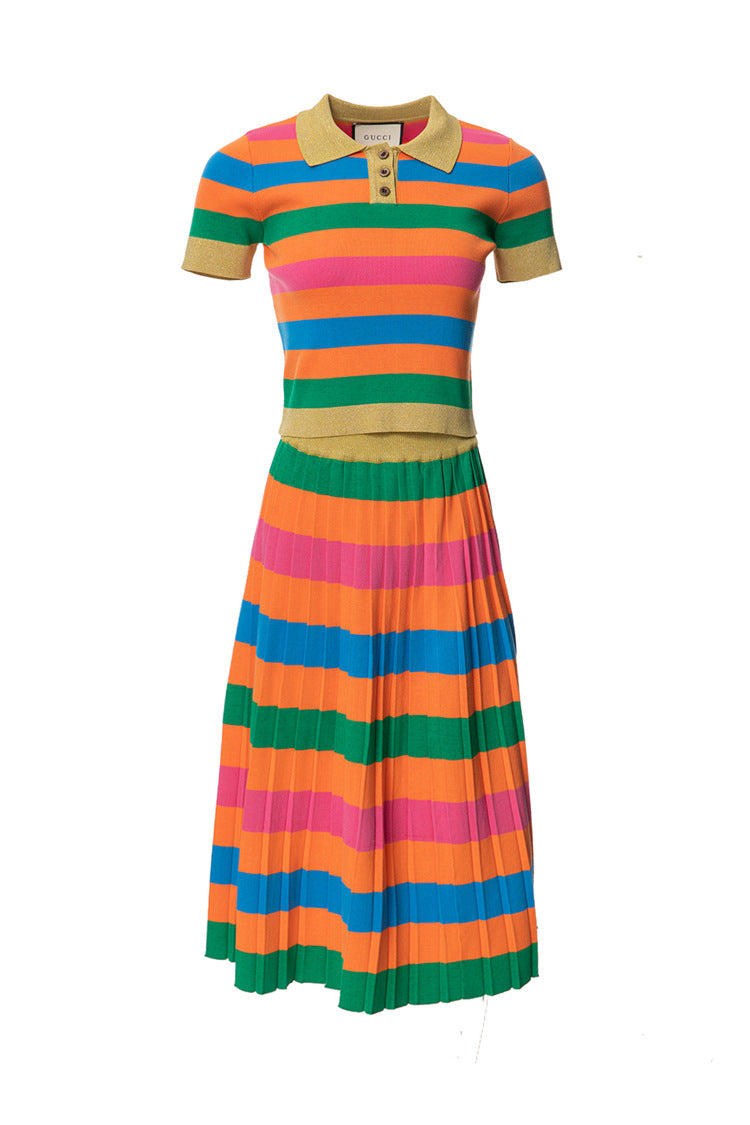 Women's Casual Fashion Printing Knitted Colorful Striped Top Mid-length Dress Set