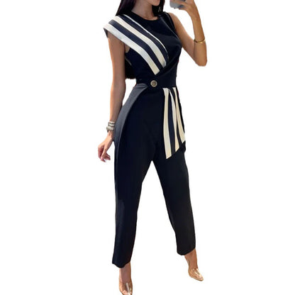 Women's Fashion Temperament Striped Print Button Waist Suit