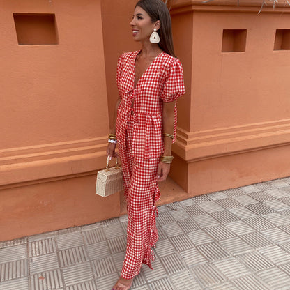 Costume à carreaux noué à lacets et col en V pour femme