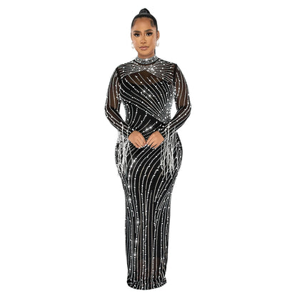 Robe longue en maille strass pour femmes