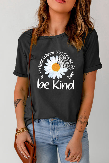 T-shirt à col rond noir décontracté avec slogan Daisy Be Kind