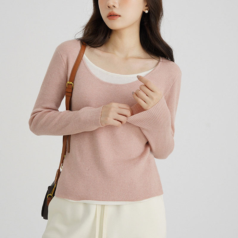 Women's Fake Two-piece Wool Sweater Top Slim Fit