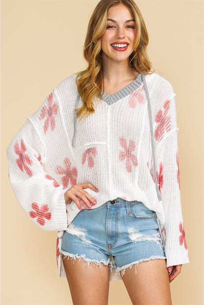 White Floral Print Oversized Knit Hooded Sweater