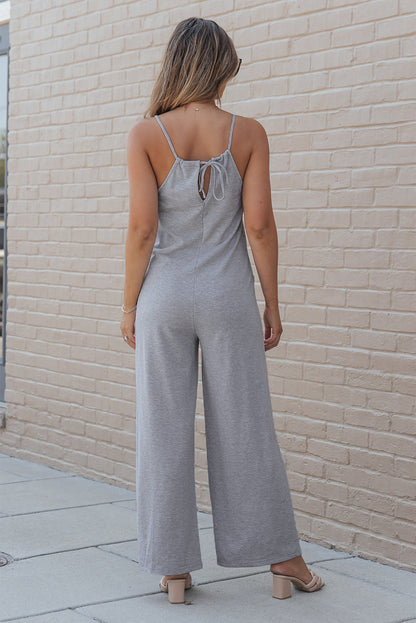 Black Patch Pockets Spaghetti Strap Wide Leg Jumpsuit