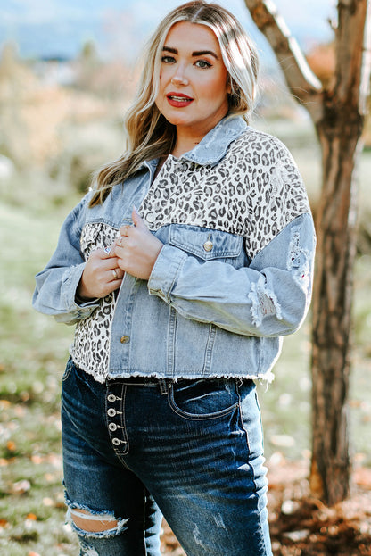 Veste en Jean Courte Déchirée Léopard Bleue Grande Taille