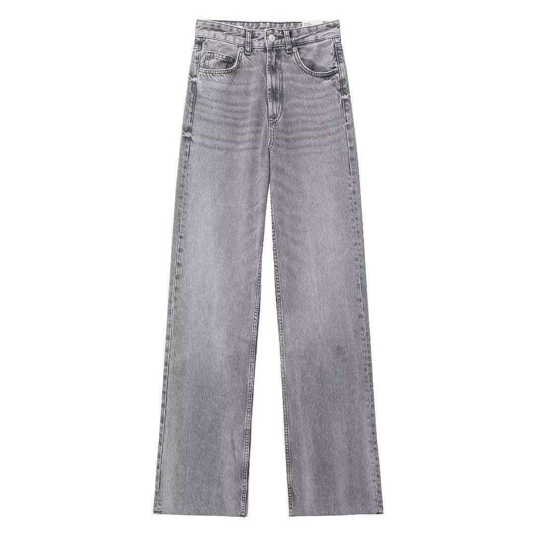 Pantalon en denim décontracté à taille haute et jambe large pour femme