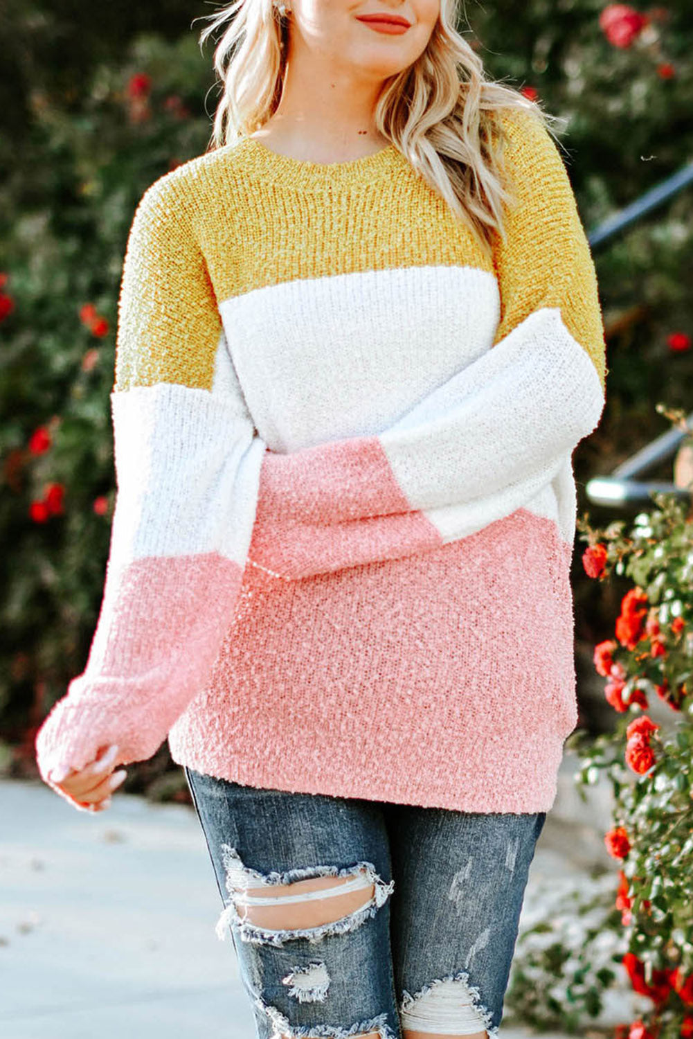 Gelber Colorblock-Pullover mit Blasenärmeln in Übergröße