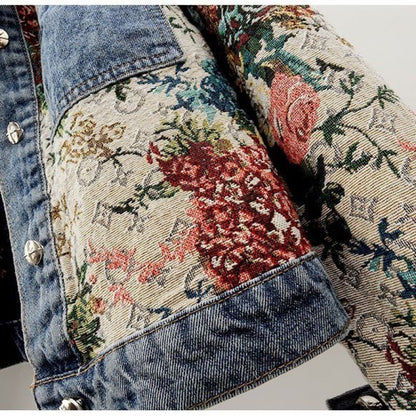 All-match Printed Patchwork Long Sleeves Lapel Denim Coat