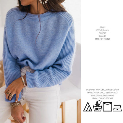 Pull en velours côtelé Bedford bleu lait européen pour femme, col rond, manches longues, tricot, vêtements décontractés pour femmes, haut en tricot à la mode, vêtements d'extérieur