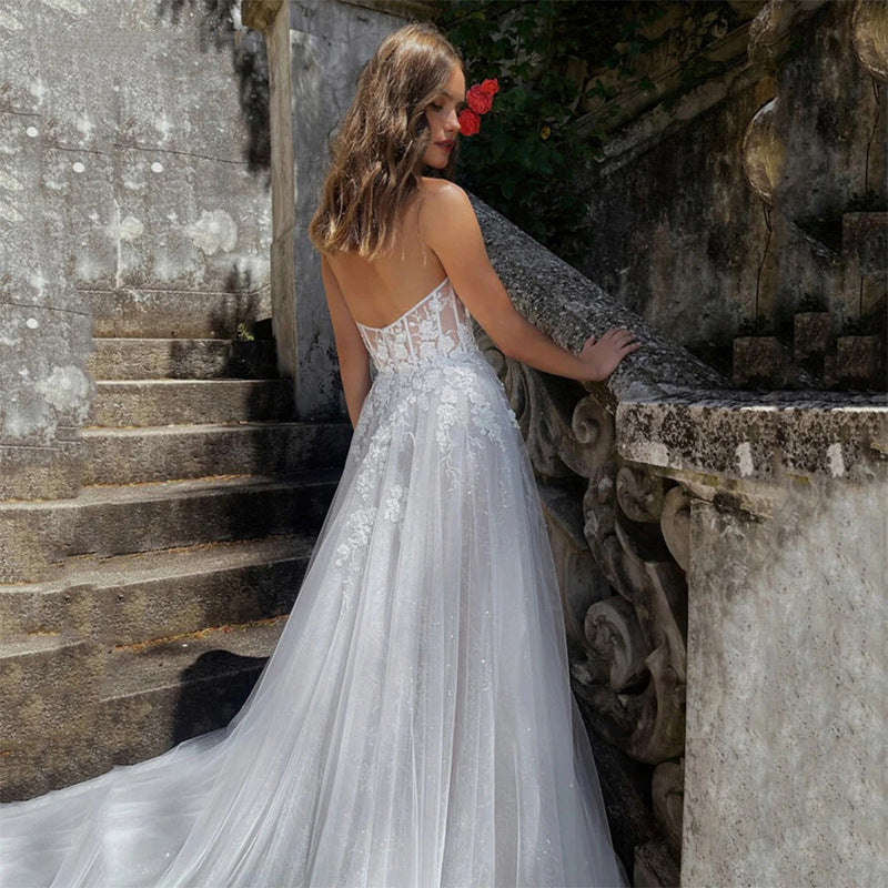 Haut tubulaire transparent pour femmes, fente haute, petite robe de mariée légère et traînante