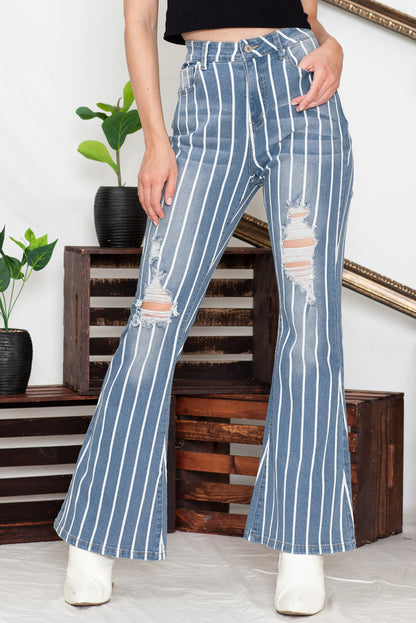 Sky Blue Vertical Striped Ripped Flare Jeans