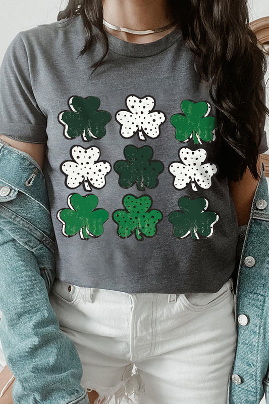 T-shirt gris à col rond avec motif trèfles à pois