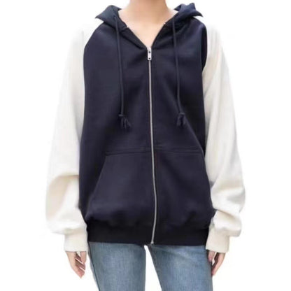 Navy Blue Beige Raglan Sleeve Multicolor Hoodie Coat