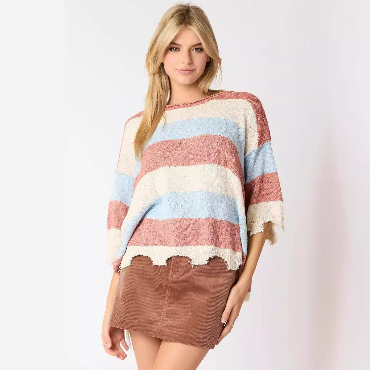 Pull tricoté à manches courtes et rayures multicolores pour femme