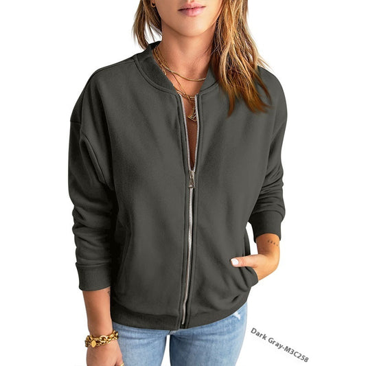 Veste zippée de couleur unie pour femme, manteau, cardigan décontracté à manches longues, Stadiumjumper