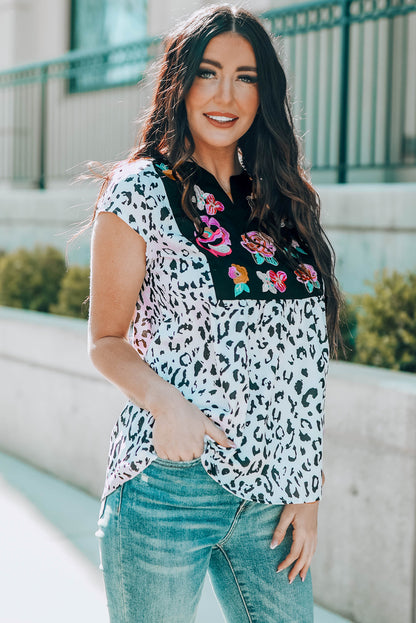 Black & White Animal Print Flower Embroidered Tunic Short Sleeve Top