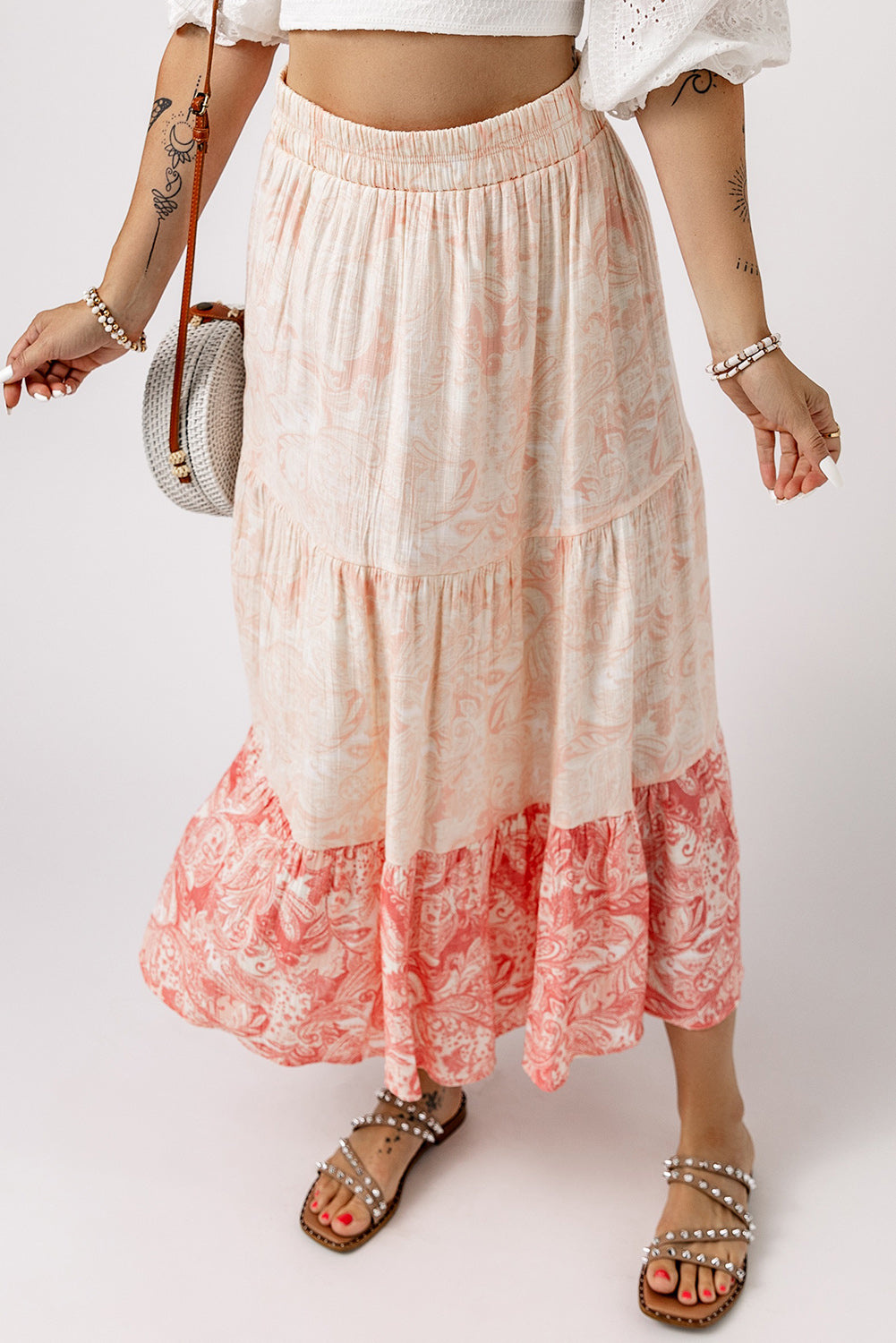 Pink Floral Print Ruffle Hem Tiered Maxi Skirt