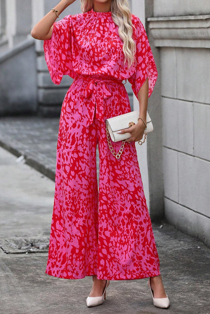 Rose Leopard Print Flounce Sleeve Belted Wide Leg Jumpsuit