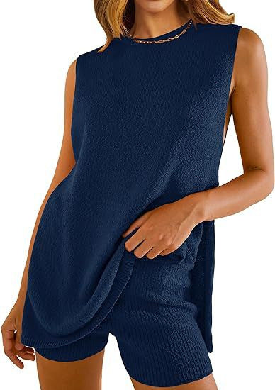 2 stücke frauen Stricken Anzug Sommer Lose Rundhals Split Weste Top Und Shorts Strand Kleidung