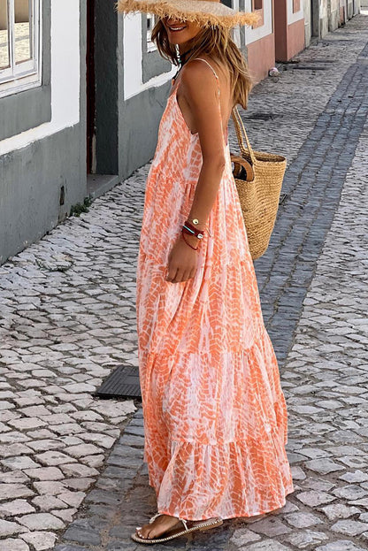 Robe longue orange à imprimé abstrait, dos nu, à plusieurs niveaux