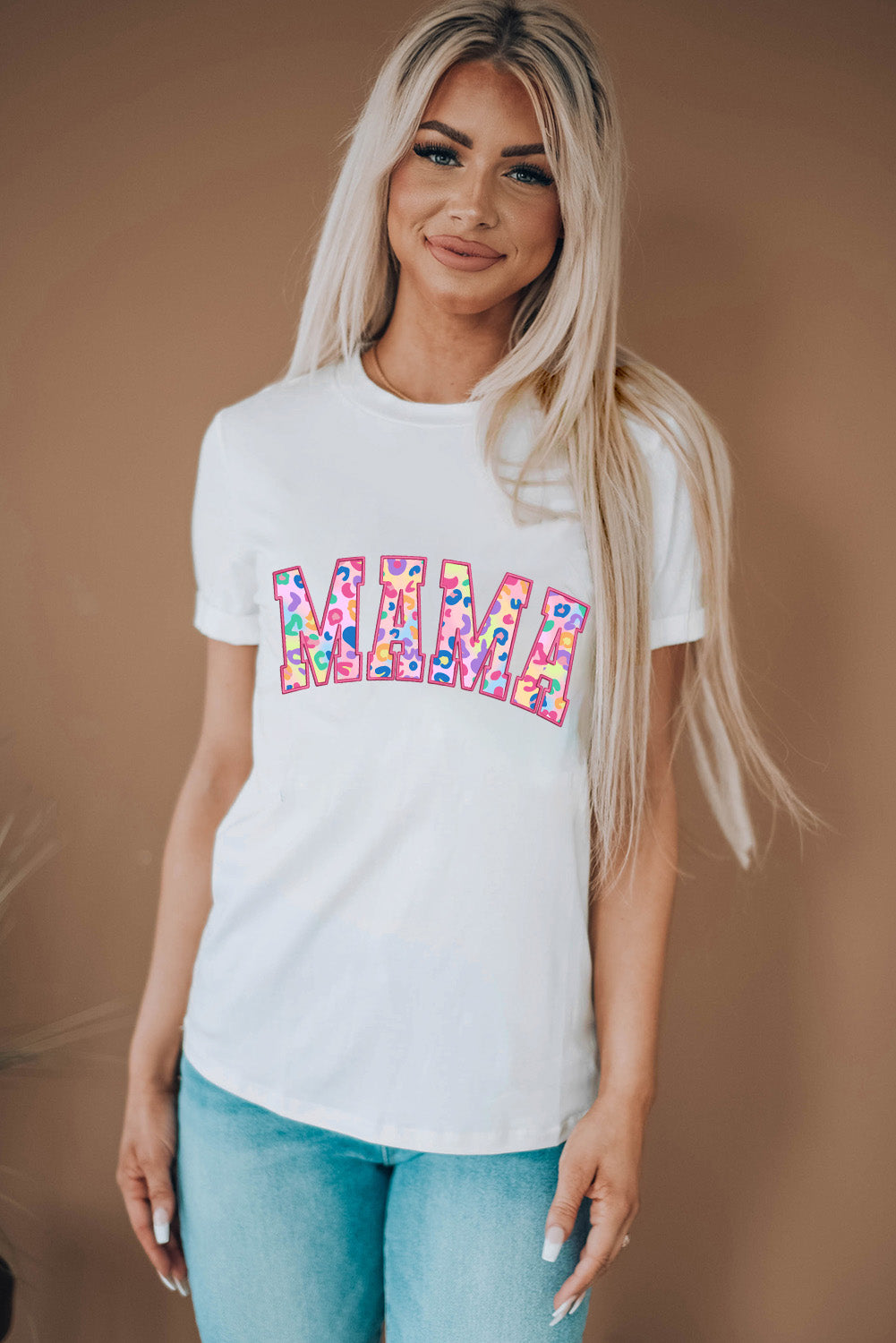 Weißes MAMA T-Shirt mit Leoparden-Stickerei und Rundhalsausschnitt