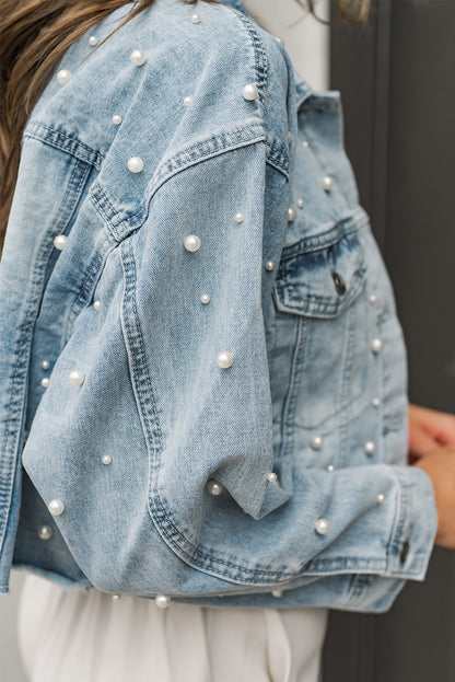 Veste en jean courte à perles bleu ciel