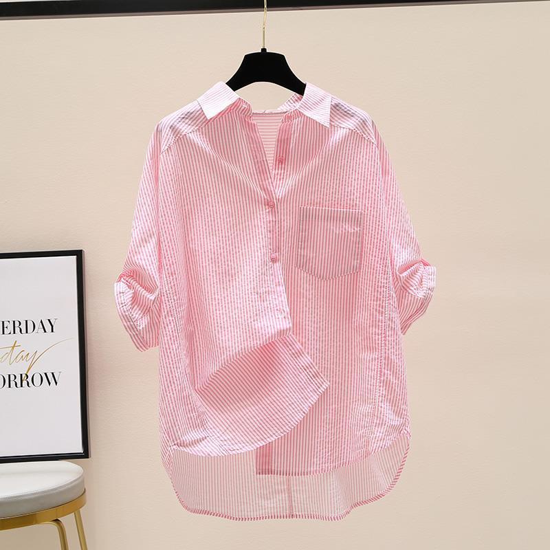 Chemise à rayures roses en pur coton pour femmes, haut artistique frais à manches chauve-souris et poche unique