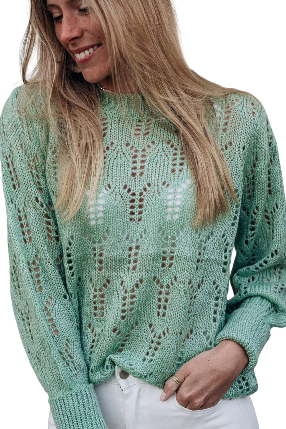 Green Sheer Knitted Pointelle Sweater