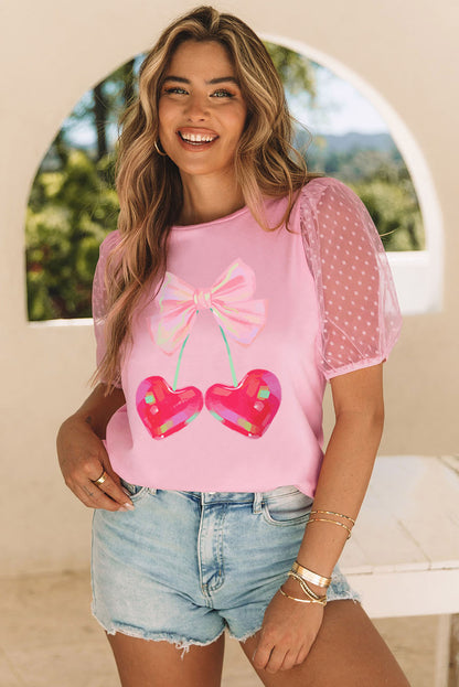 T-shirt à manches en maille à pois avec motif cerise en forme de cœur et nœud rose