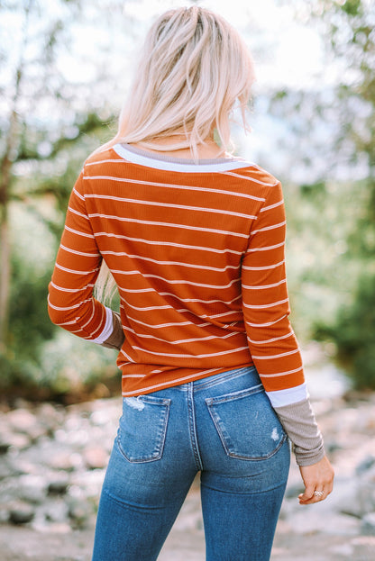 Dark Blue Striped Spliced Color Block Rib Knit Top