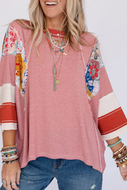 Sky Blue Striped and Floral Patchwork Oversized Top