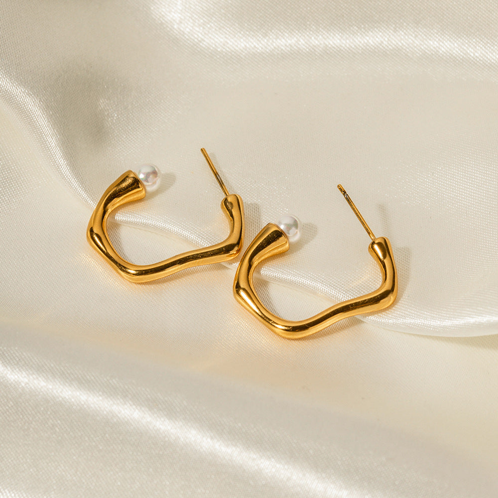 18K Gold Novel Trendy Abstract Line Art with Pearl Design Earrings