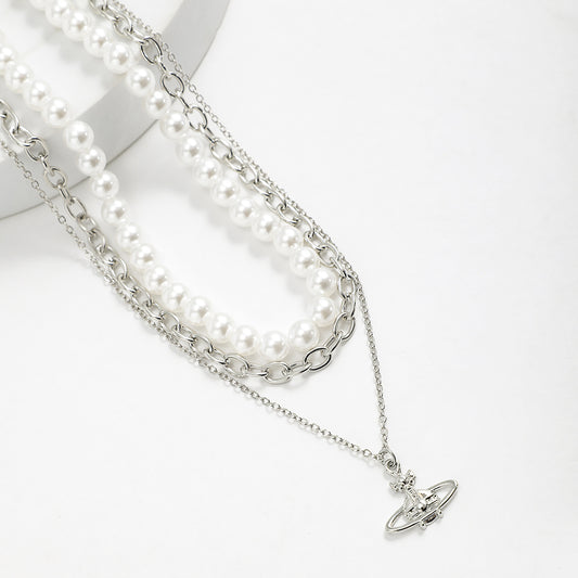 Trendy simple pearl chain with cross planet three-layer design all-match necklace