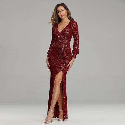 Fantaisie célébrité Sexy haute fente à manches longues paillettes Banquet robe de soirée femmes