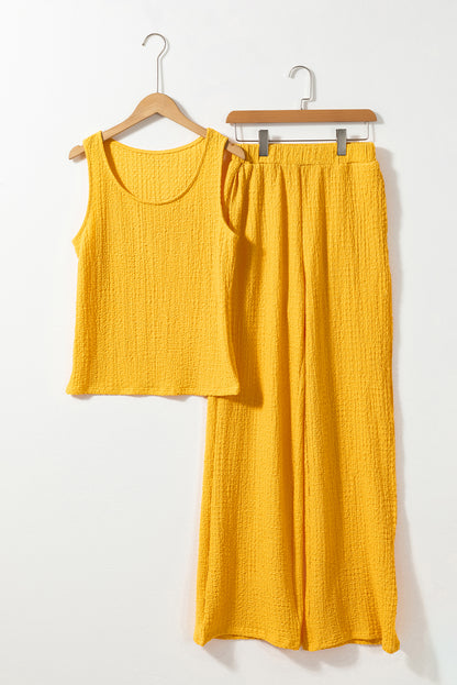 Yellow Crinkled U Neck Tank and Wide Leg Pants Set