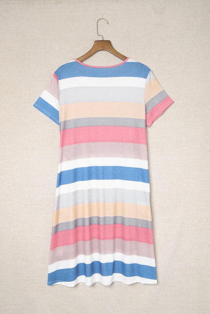 Multicolor Striped Casual Pocket Color Block T Shirt Dress