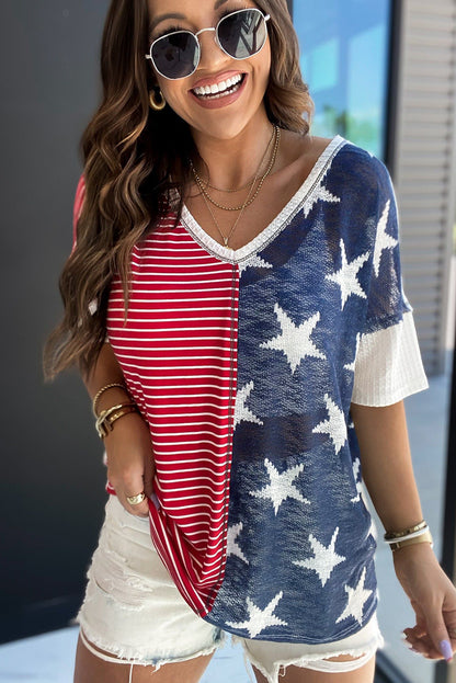 Dark Blue Stripes Stars Print Knit V Neck Short Sleeve Top