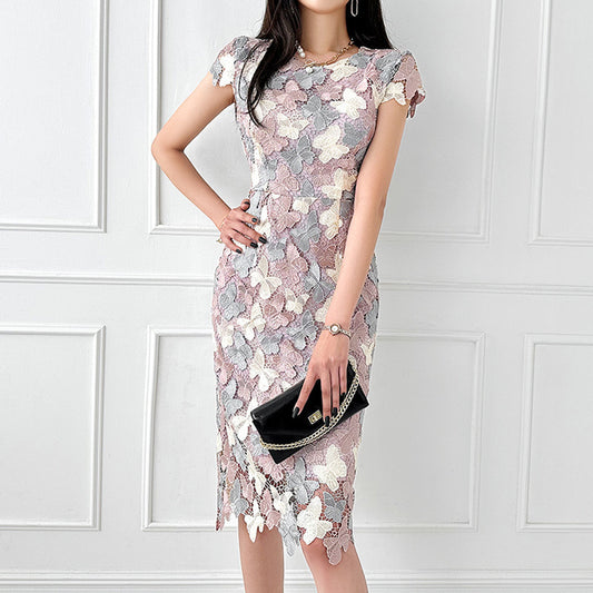 Women's Color Blocking Water Melting Flower Wrap Hip Fashion Dress