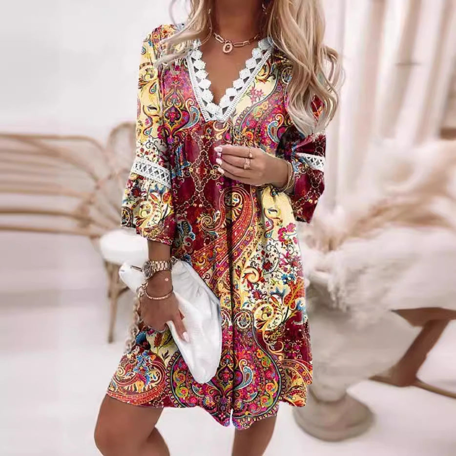 Women's V-neck Printed Lace Stitching Dress