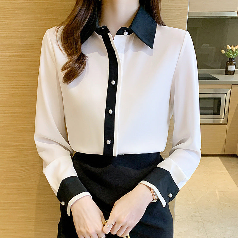 Simple Contrast Color Single Row Pearl Buckle Long Sleeve Shirt