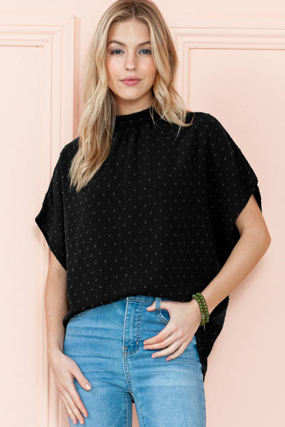 Black Swiss Dot Mock Neck Batwing Sleeve Blouse