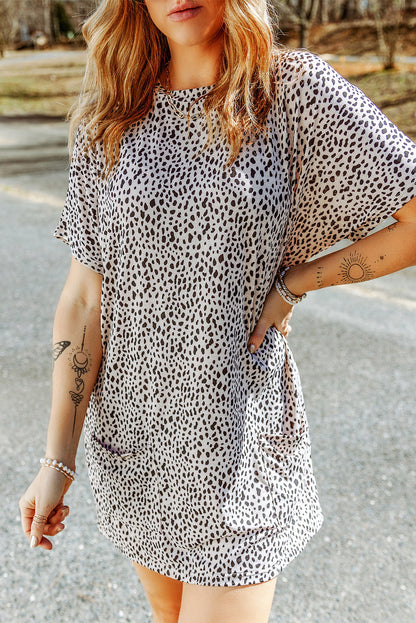 Cheetah Print Casual Side Pockets Short Sleeve Tunic Top