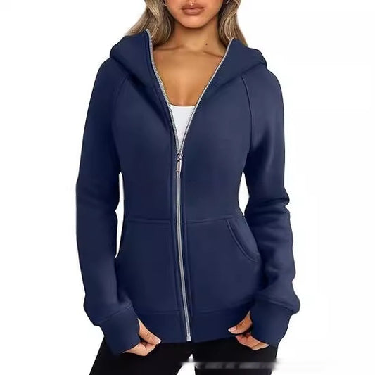 Women's Zipper Short Hood Fleece Lined Solid Color Hoodie Sweater