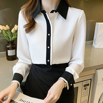 Simple Contrast Color Single Row Pearl Buckle Long Sleeve Shirt