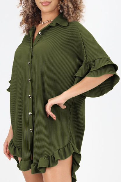 Moss Green Pleated Ruffle Sleeve Oversized Shirt Dress