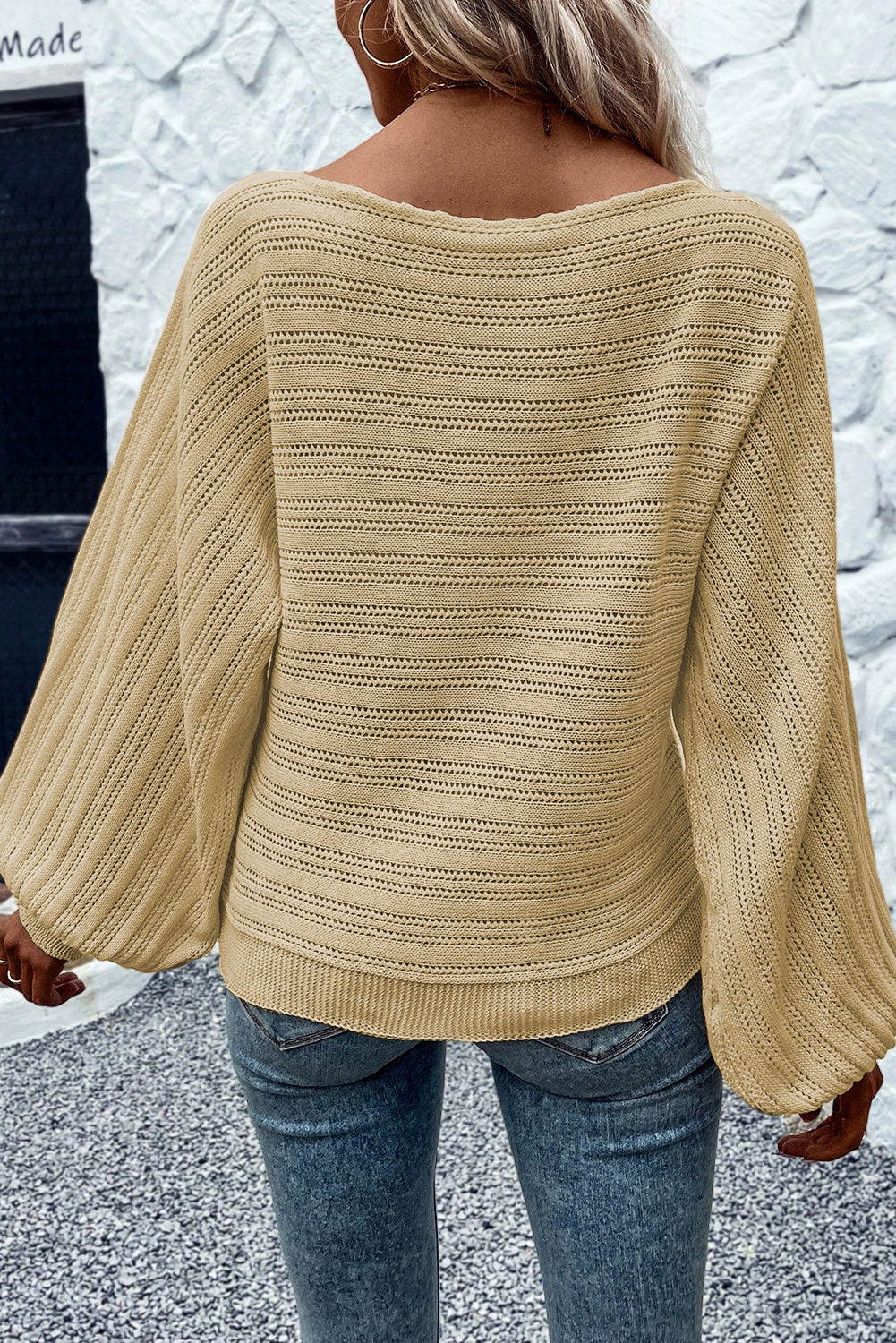 Apricot Casual Lantern Sleeve Eyelet Knit Sweater