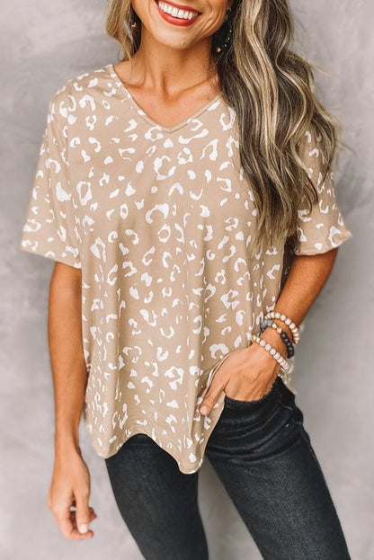 Apricot Leopard Print V Neck Loose T Shirt