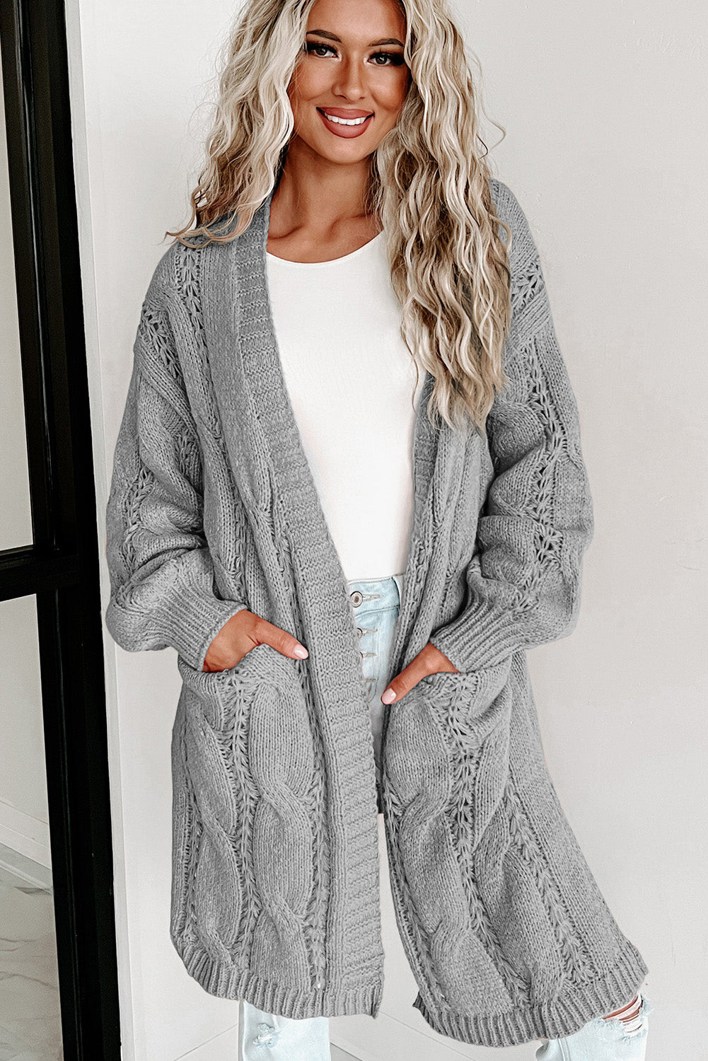 Khaki Ribbed Trim Hollow Knit Side Slits Cardigan