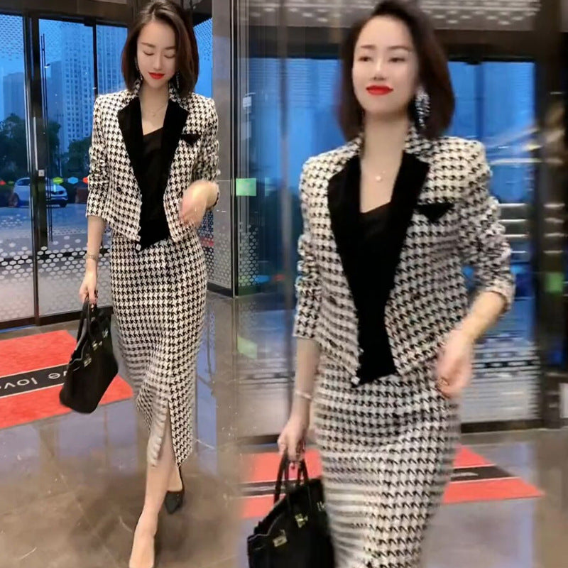 Women's Thousand Bird Plaid Suit Wrapped Hip Skirt Set